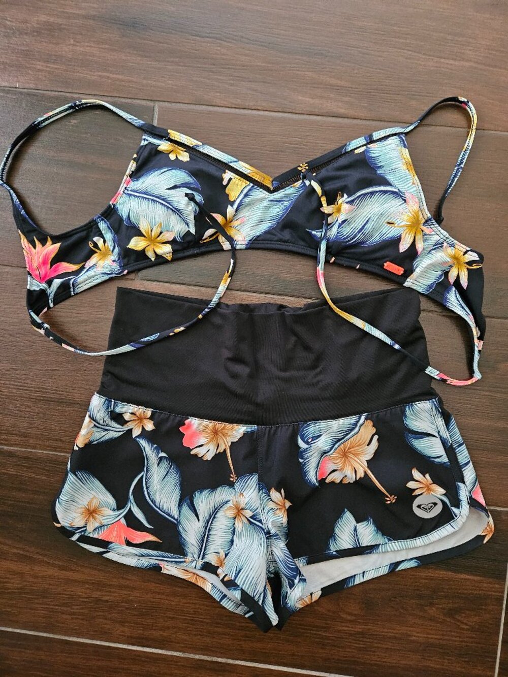 Roxy Black Floral Bikini Top and Shorts Set with Blue and Yellow Tropical Print
